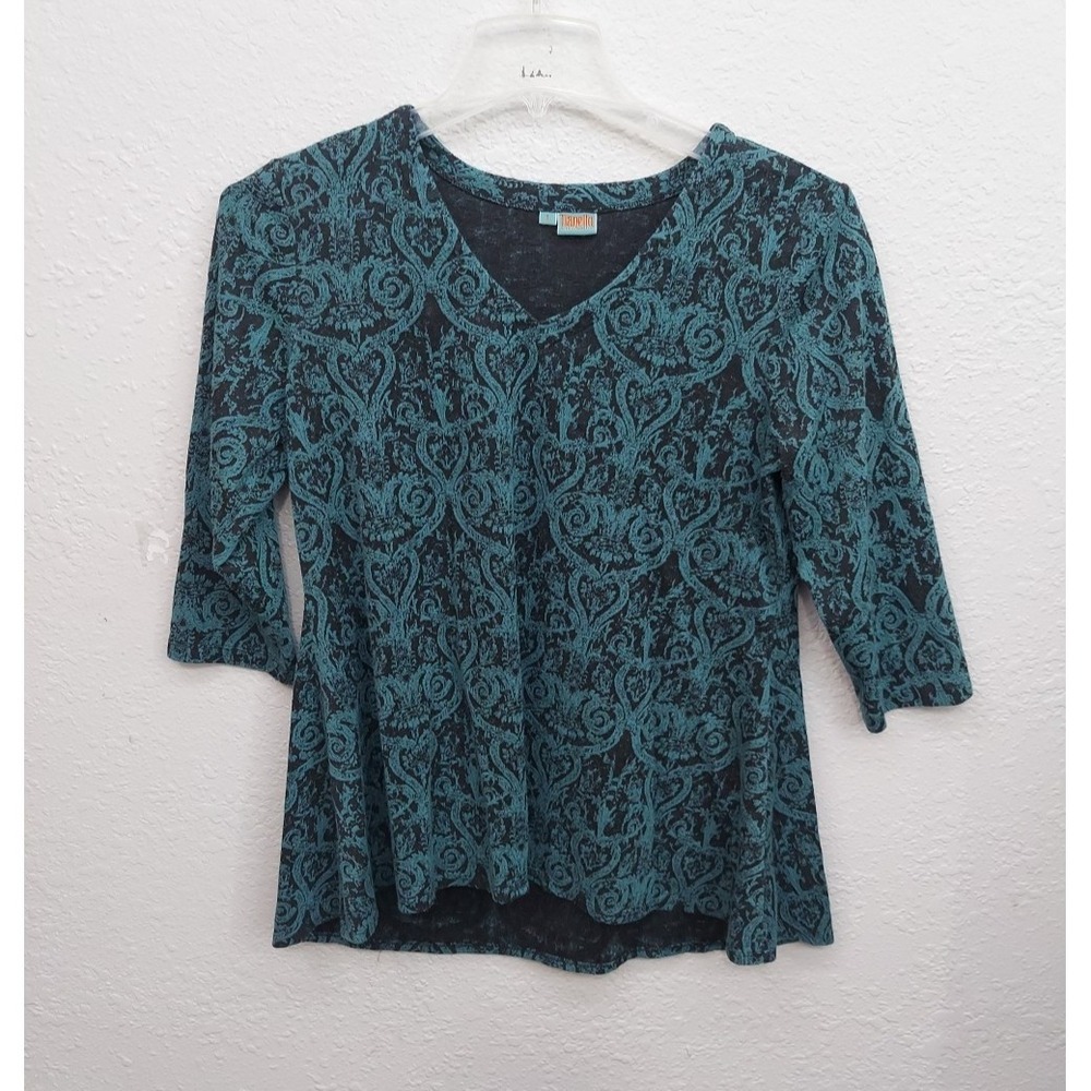 Tianello Top Womens Large Green Black Paisley Allover‎ V Neck 3/4 Sleeve